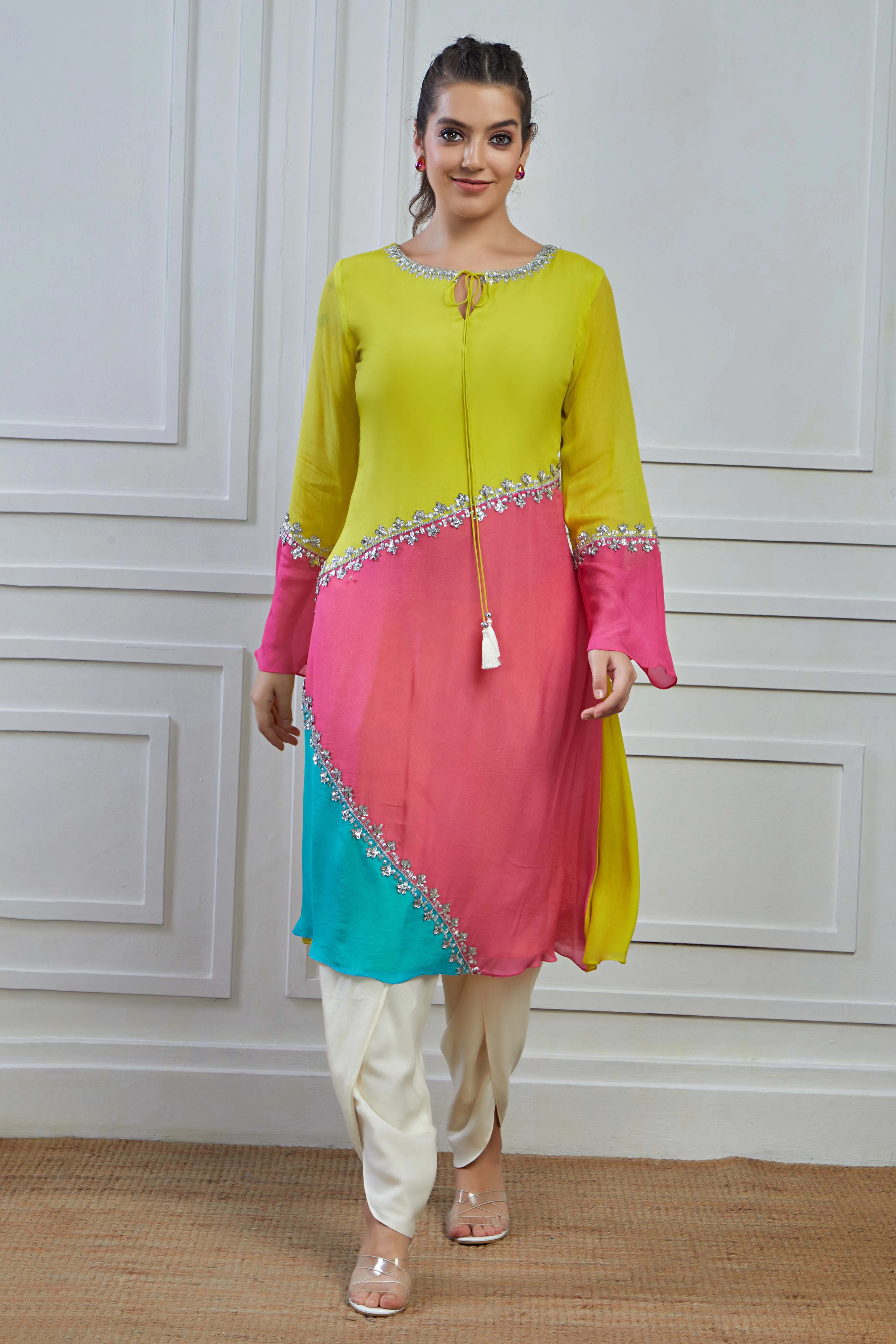 Multicolour Embellished Crepe Silk Kurta Dhoti Set