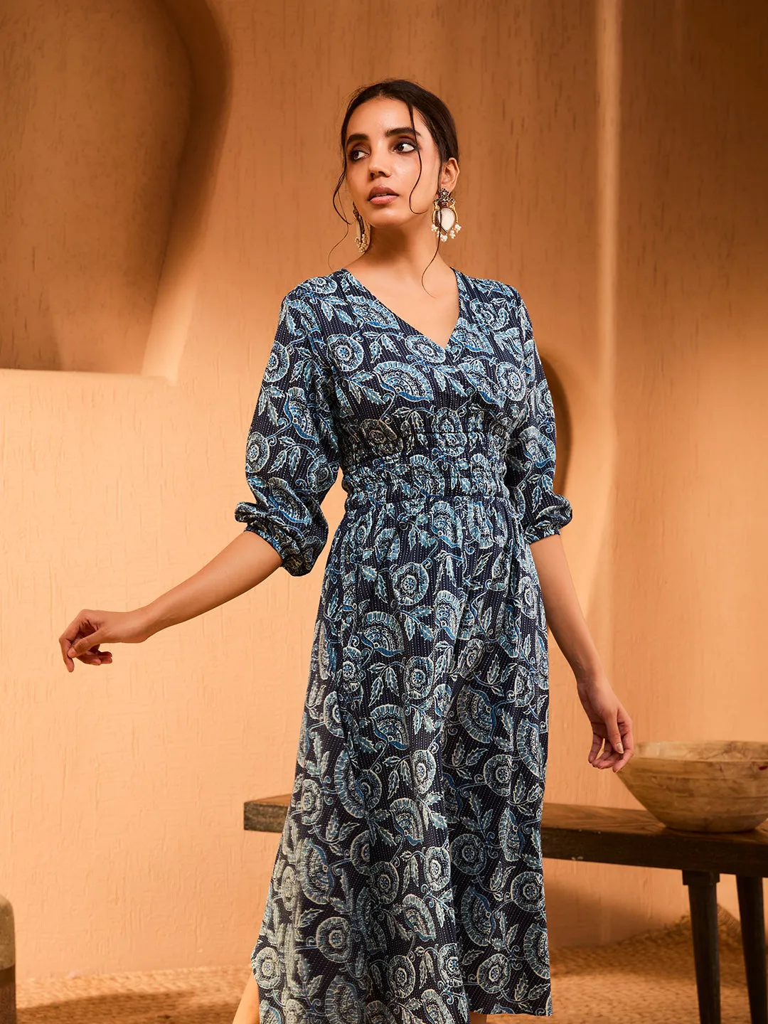 Nysha Printed Motifs Navy Blue Dress