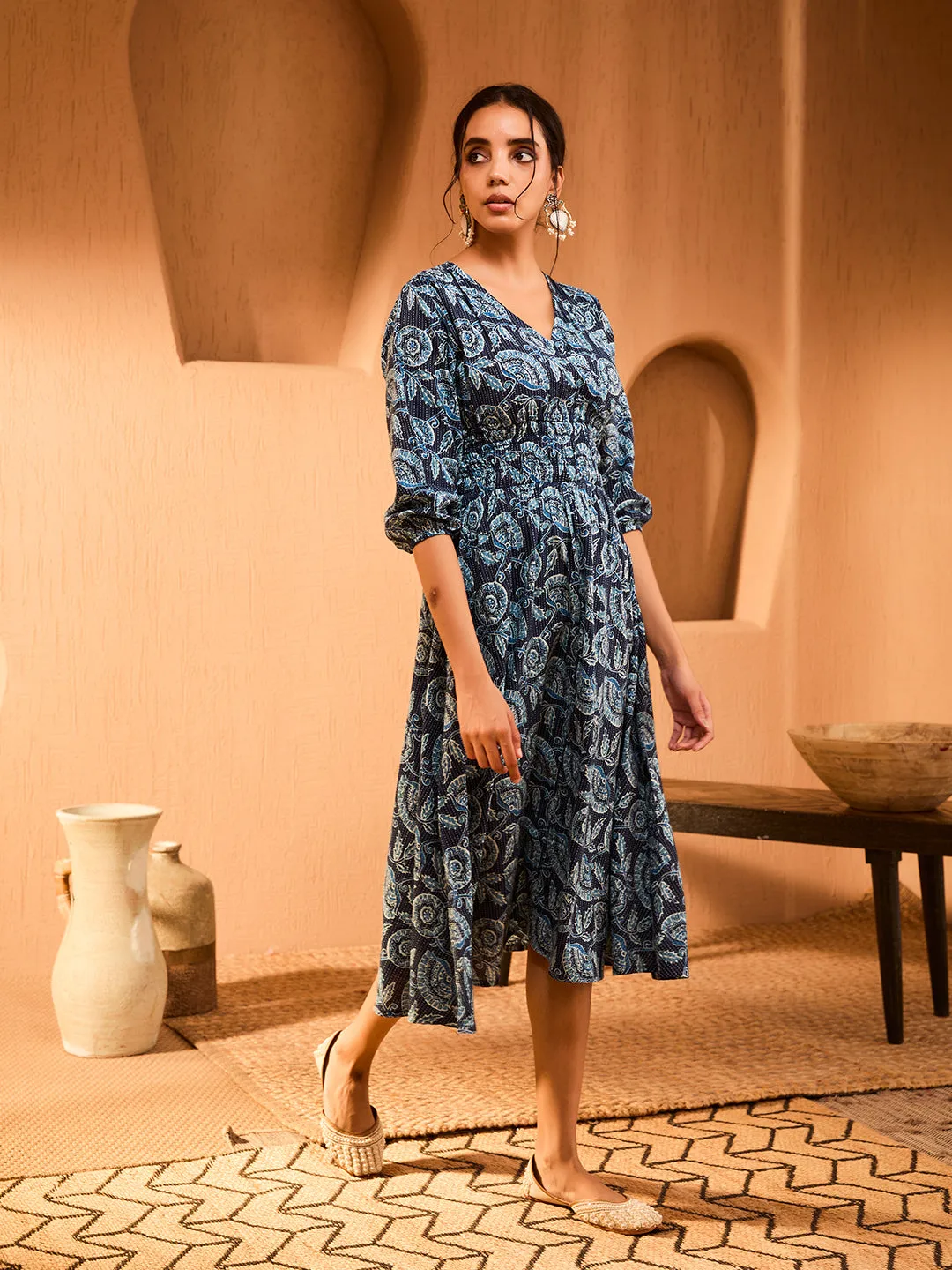 Nysha Printed Motifs Navy Blue Dress