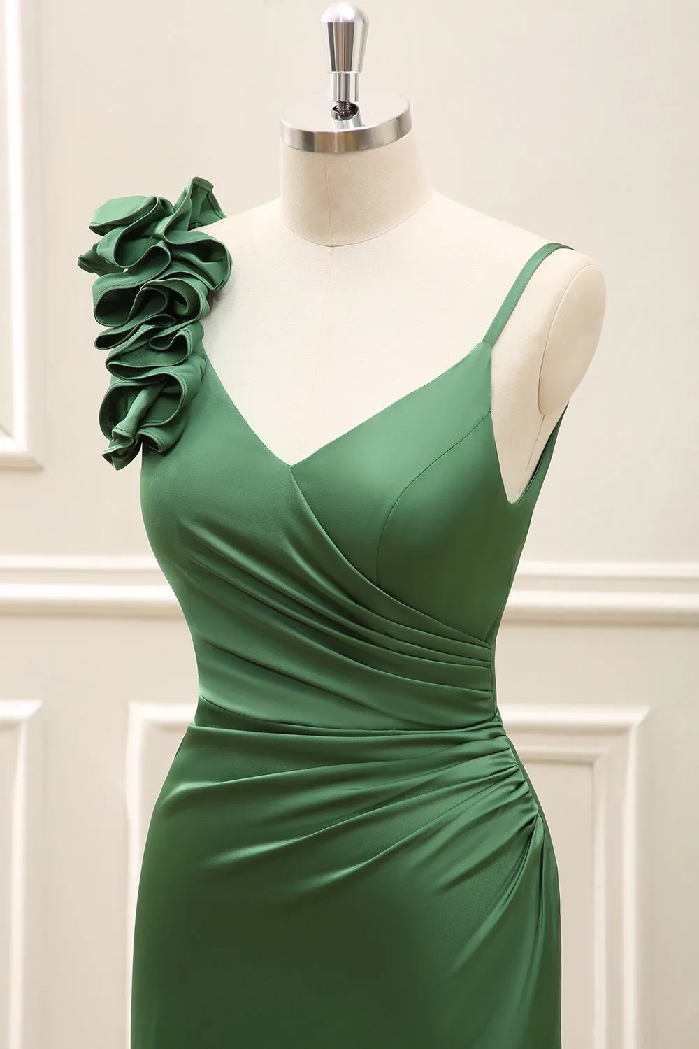 Olive Green Pleated Satin Maxi Dress with Slit