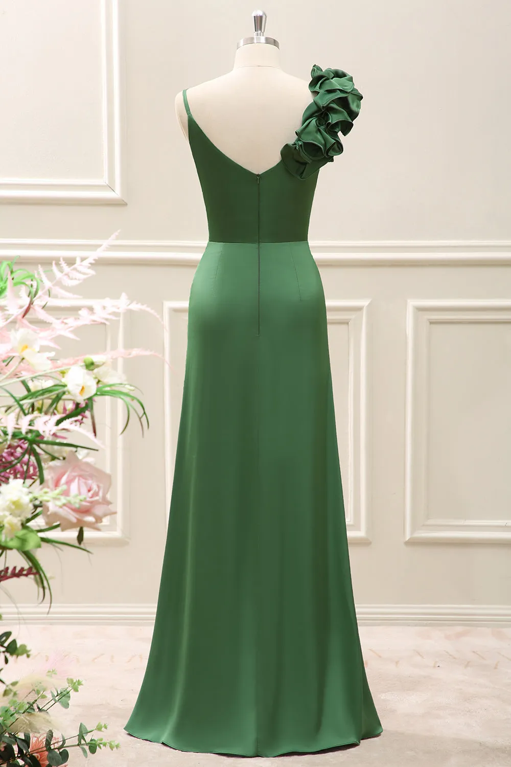 Olive Green Pleated Satin Maxi Dress with Slit