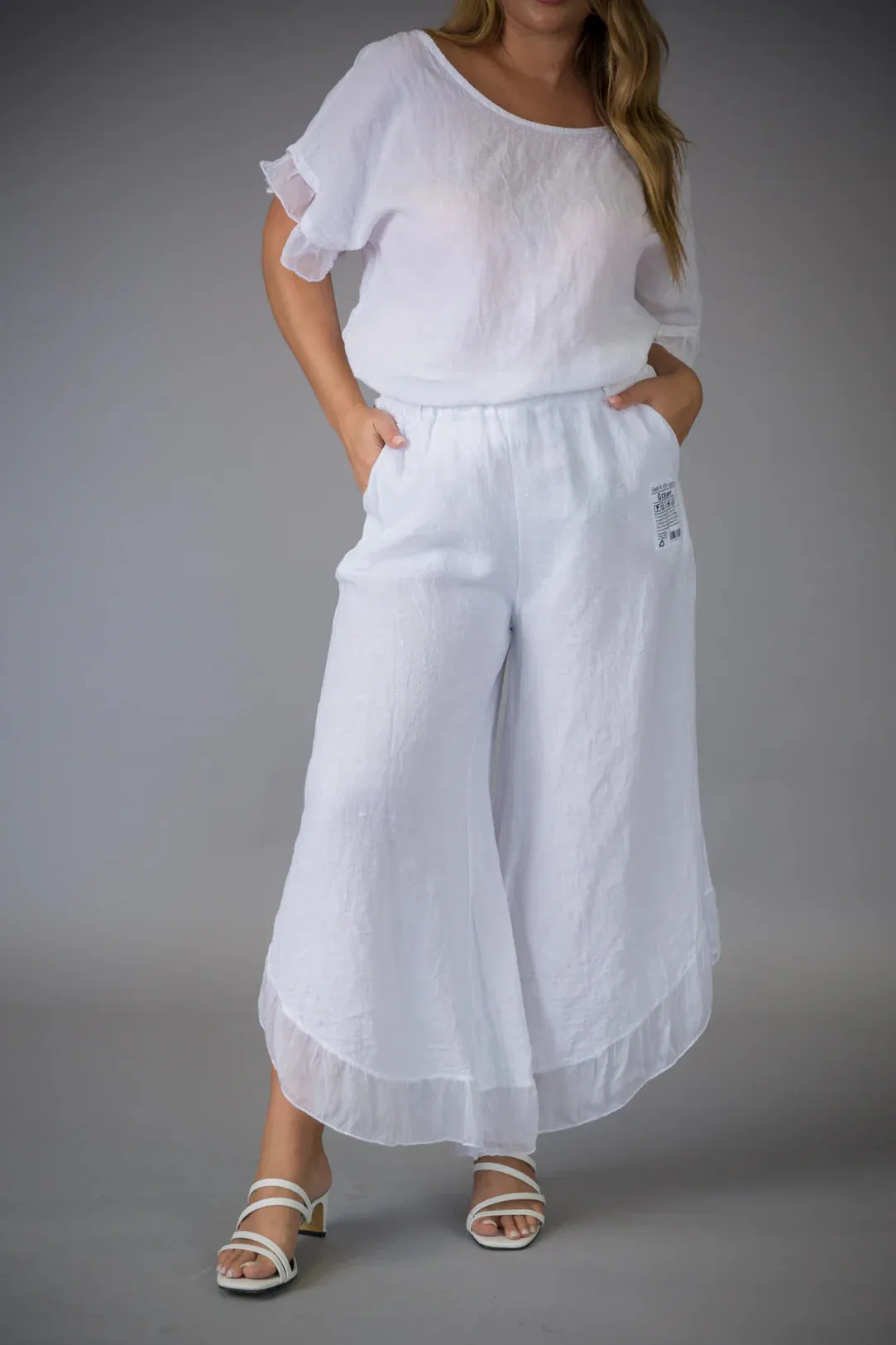 Paolo Tricot Sale, D60029 Ruffle Linen Pant 50% Off Regular Price