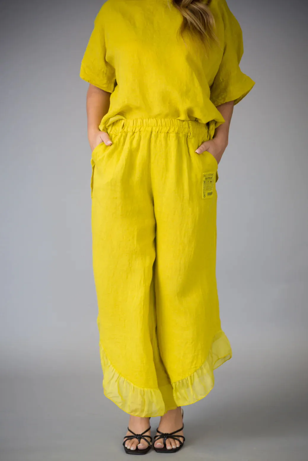 Paolo Tricot Sale, D60029 Ruffle Linen Pant 50% Off Regular Price