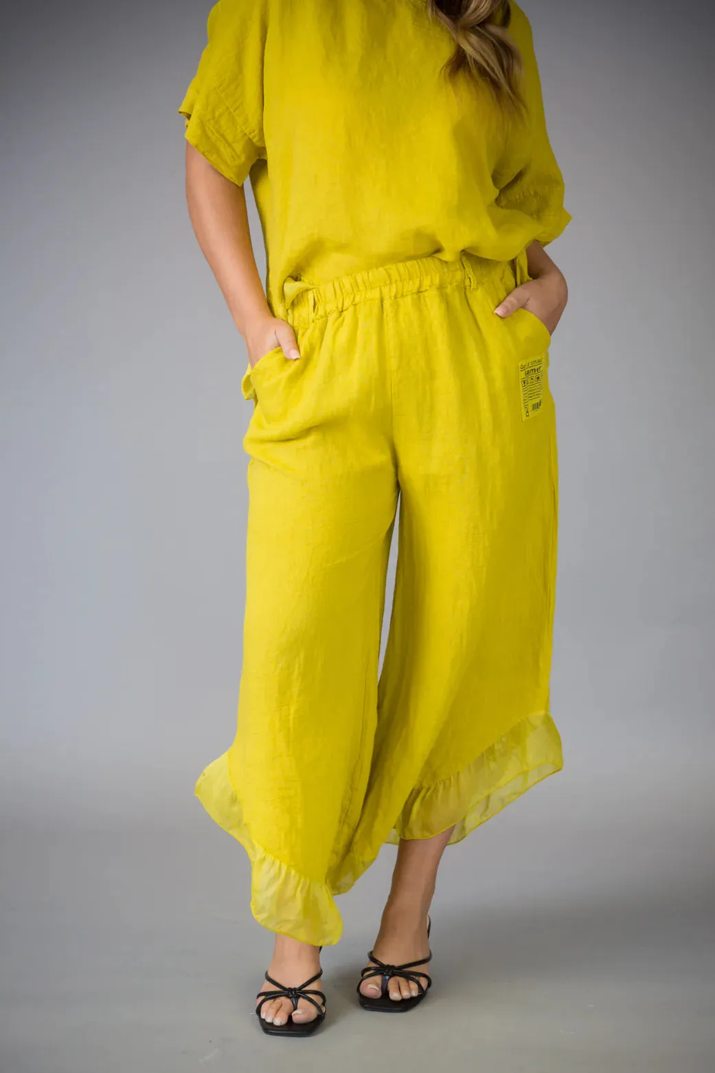 Paolo Tricot Sale, D60029 Ruffle Linen Pant 50% Off Regular Price