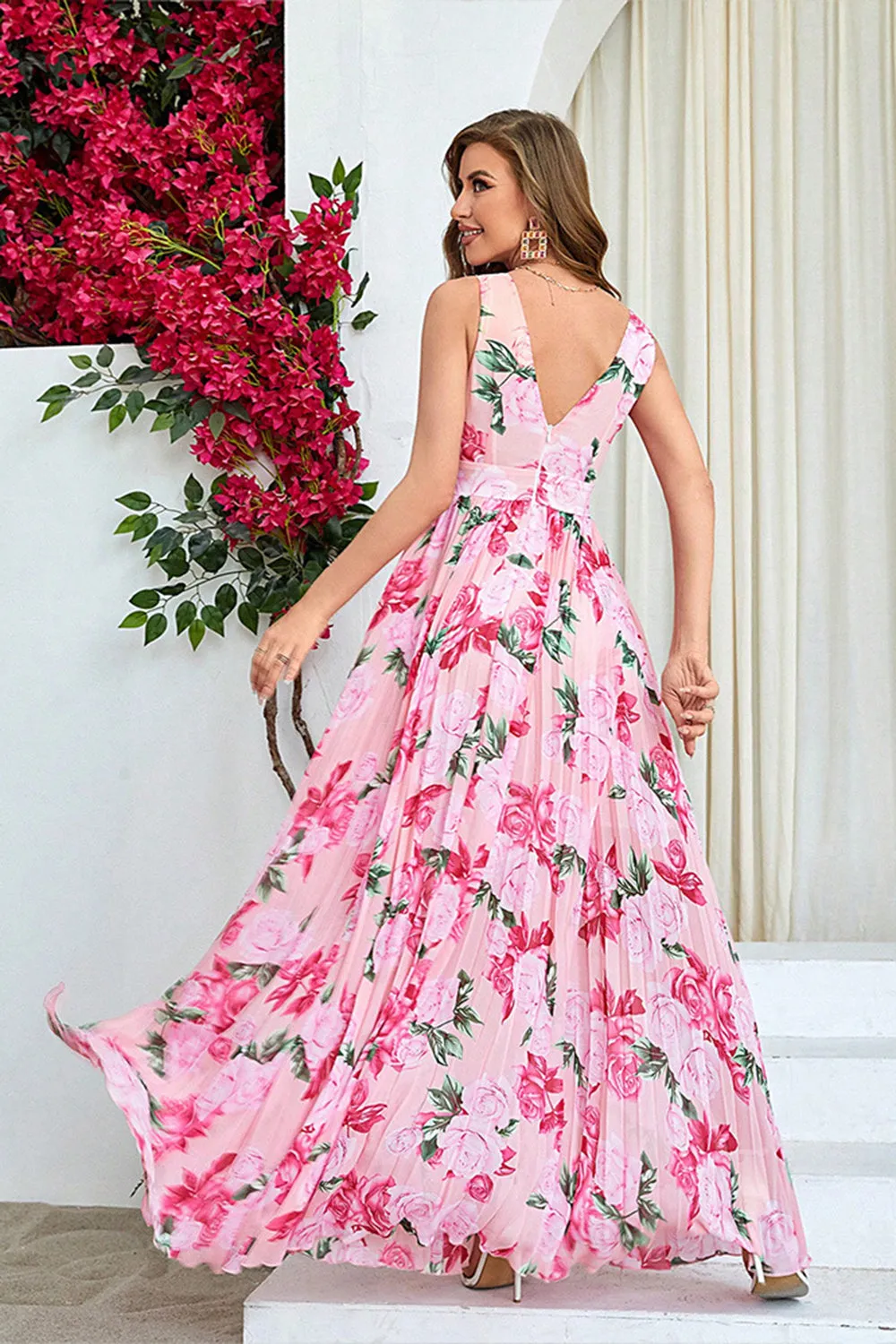 Pink Flower Print Pleated A Line Maxi Dress with Slit