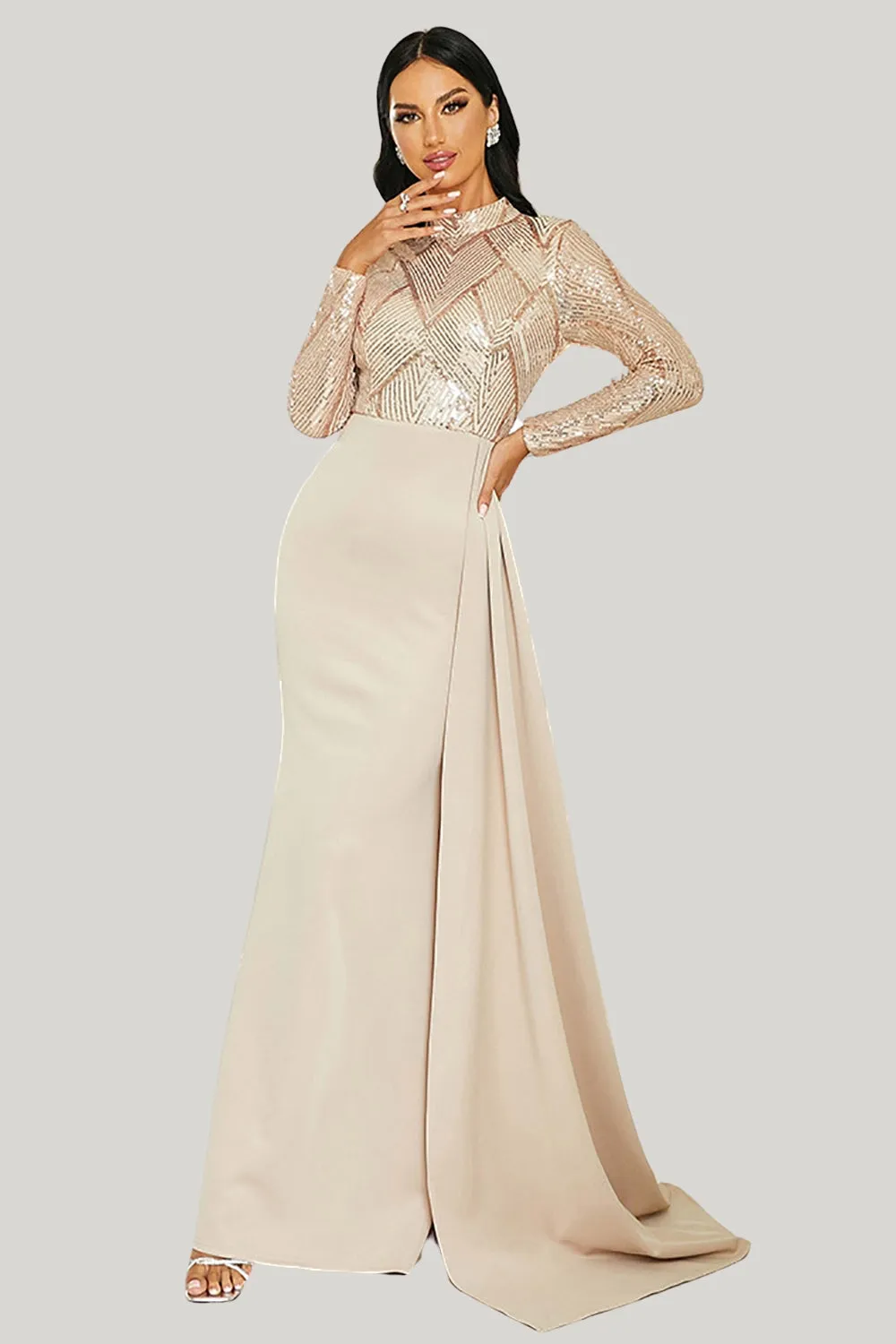 Pleated Sparkly Apricot Long Sleeves Mermaid Maxi Dress