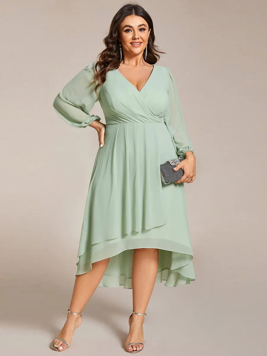 Plus Size Chiffon A-Line Long Sleeves Asymmetrical Hem Wedding Guest Dress