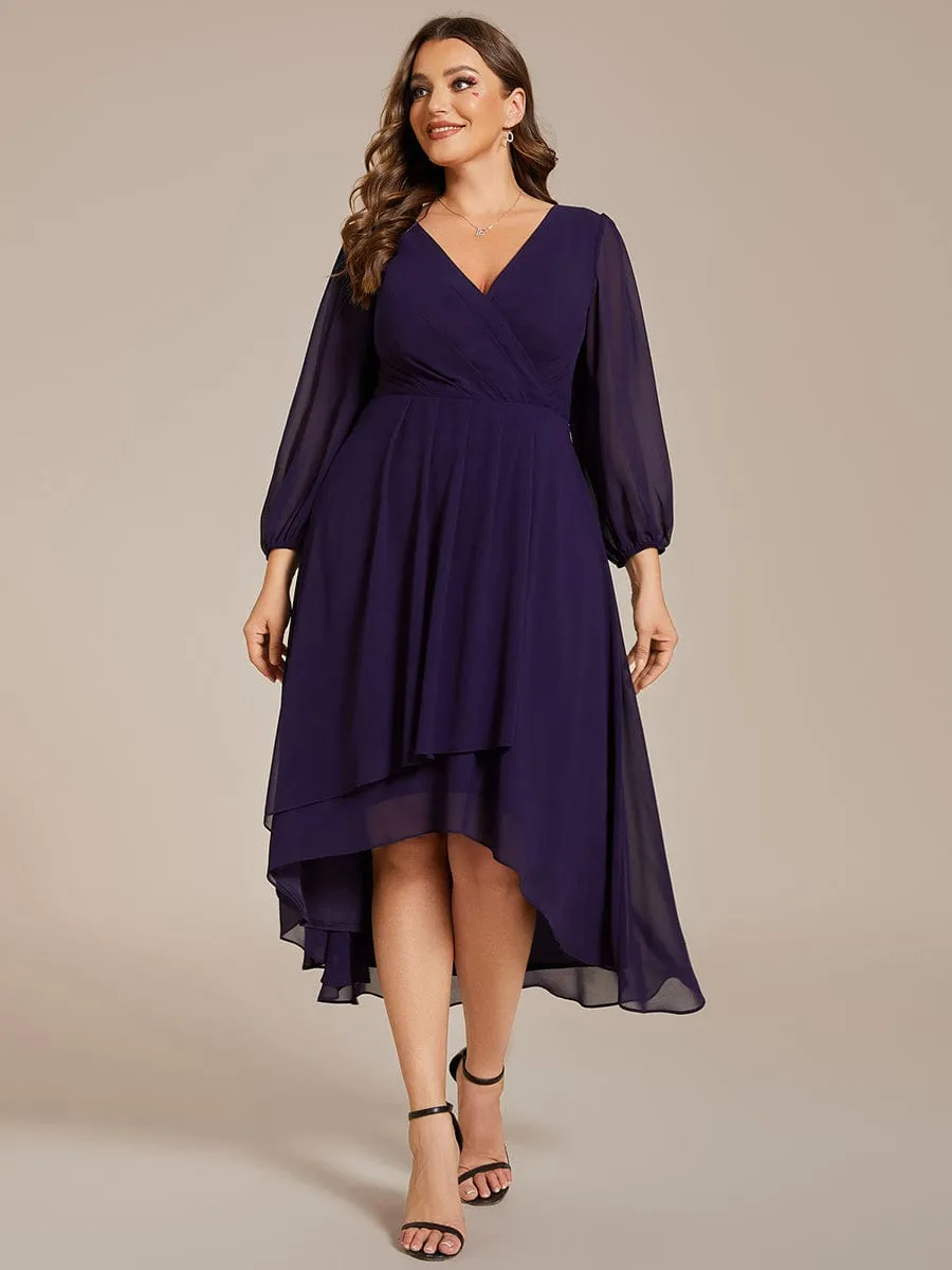 Plus Size Chiffon A-Line Long Sleeves Asymmetrical Hem Wedding Guest Dress