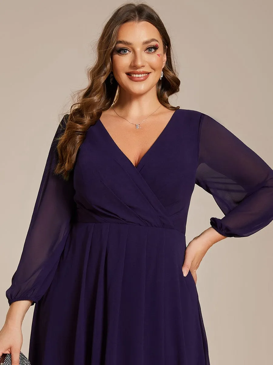 Plus Size Chiffon A-Line Long Sleeves Asymmetrical Hem Wedding Guest Dress