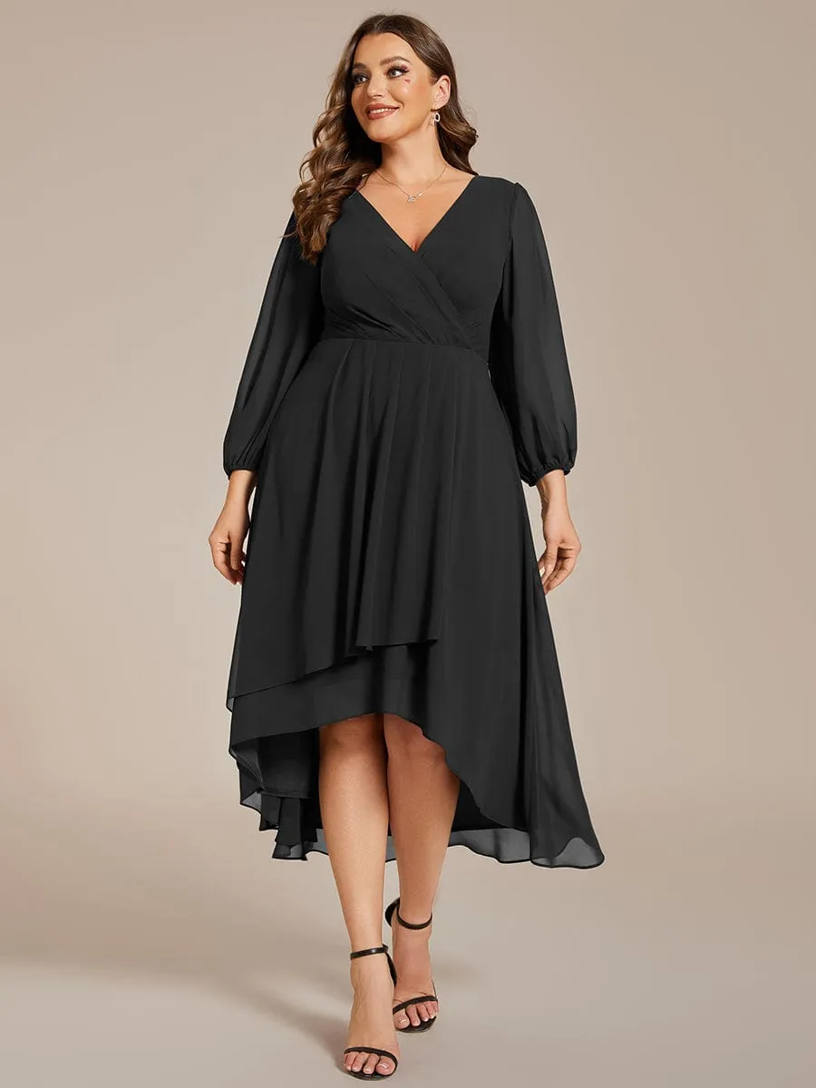 Plus Size Chiffon A-Line Long Sleeves Asymmetrical Hem Wedding Guest Dress