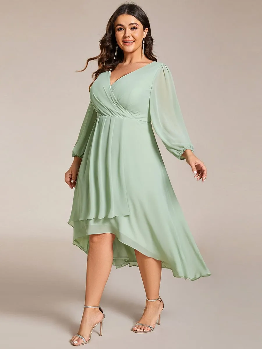 Plus Size Chiffon A-Line Long Sleeves Asymmetrical Hem Wedding Guest Dress