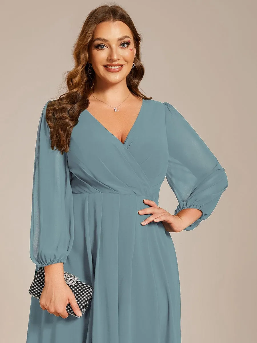 Plus Size Chiffon A-Line Long Sleeves Asymmetrical Hem Wedding Guest Dress