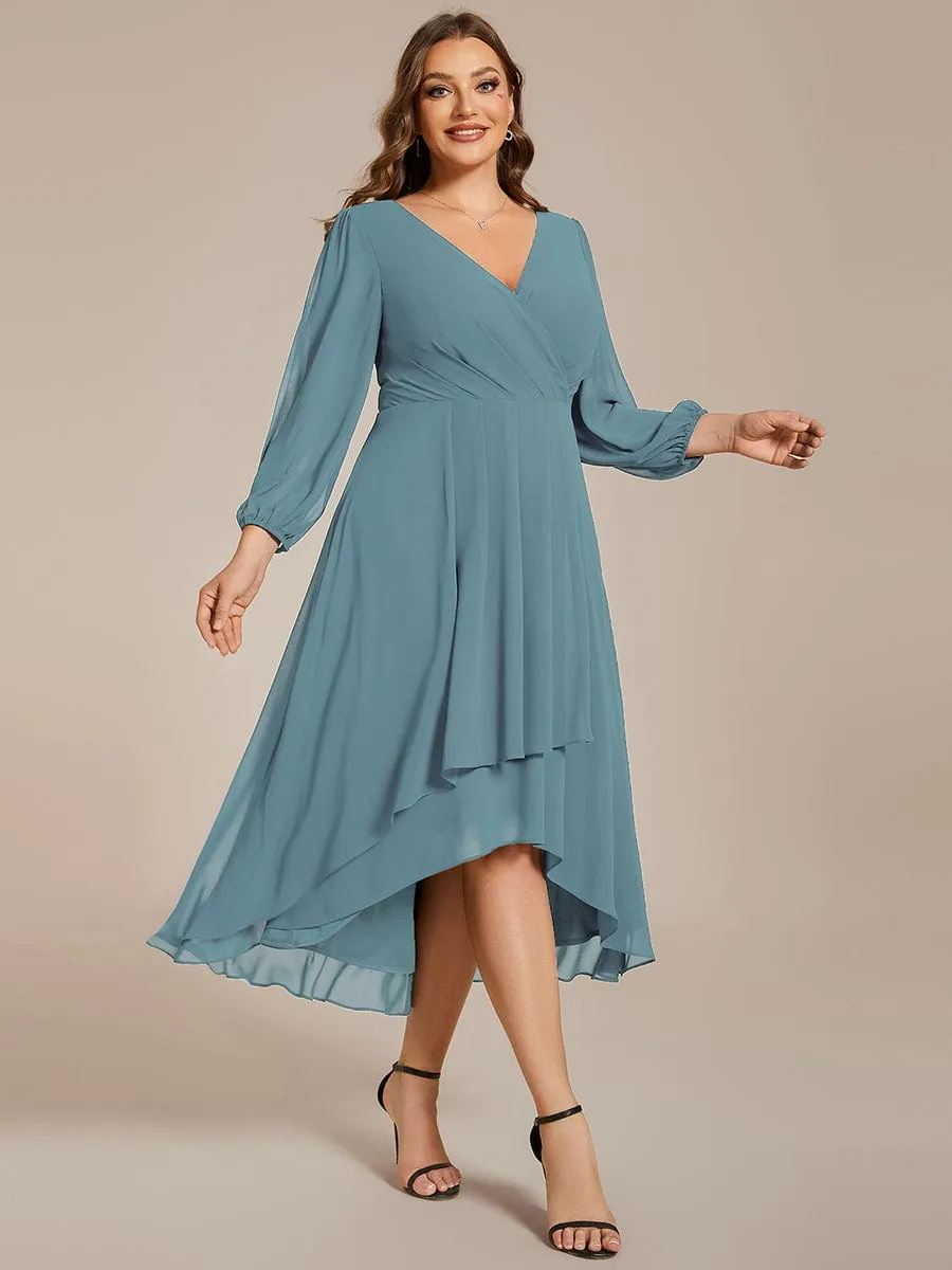 Plus Size Chiffon A-Line Long Sleeves Asymmetrical Hem Wedding Guest Dress