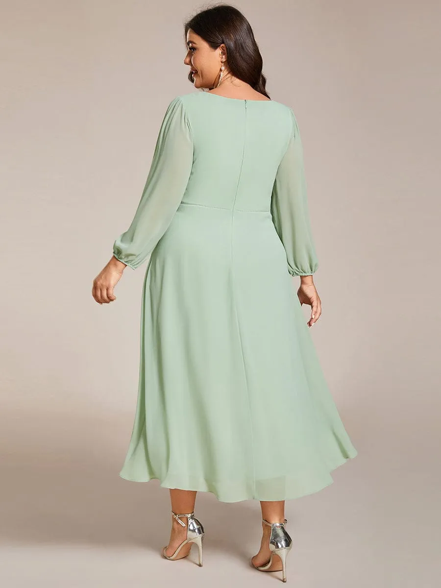 Plus Size Chiffon A-Line Long Sleeves Asymmetrical Hem Wedding Guest Dress