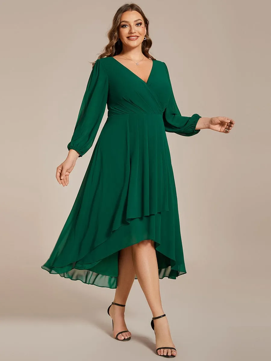 Plus Size Chiffon A-Line Long Sleeves Asymmetrical Hem Wedding Guest Dress