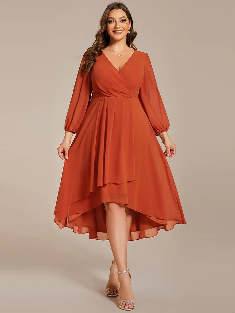 Plus Size Chiffon A-Line Long Sleeves Asymmetrical Hem Wedding Guest Dress