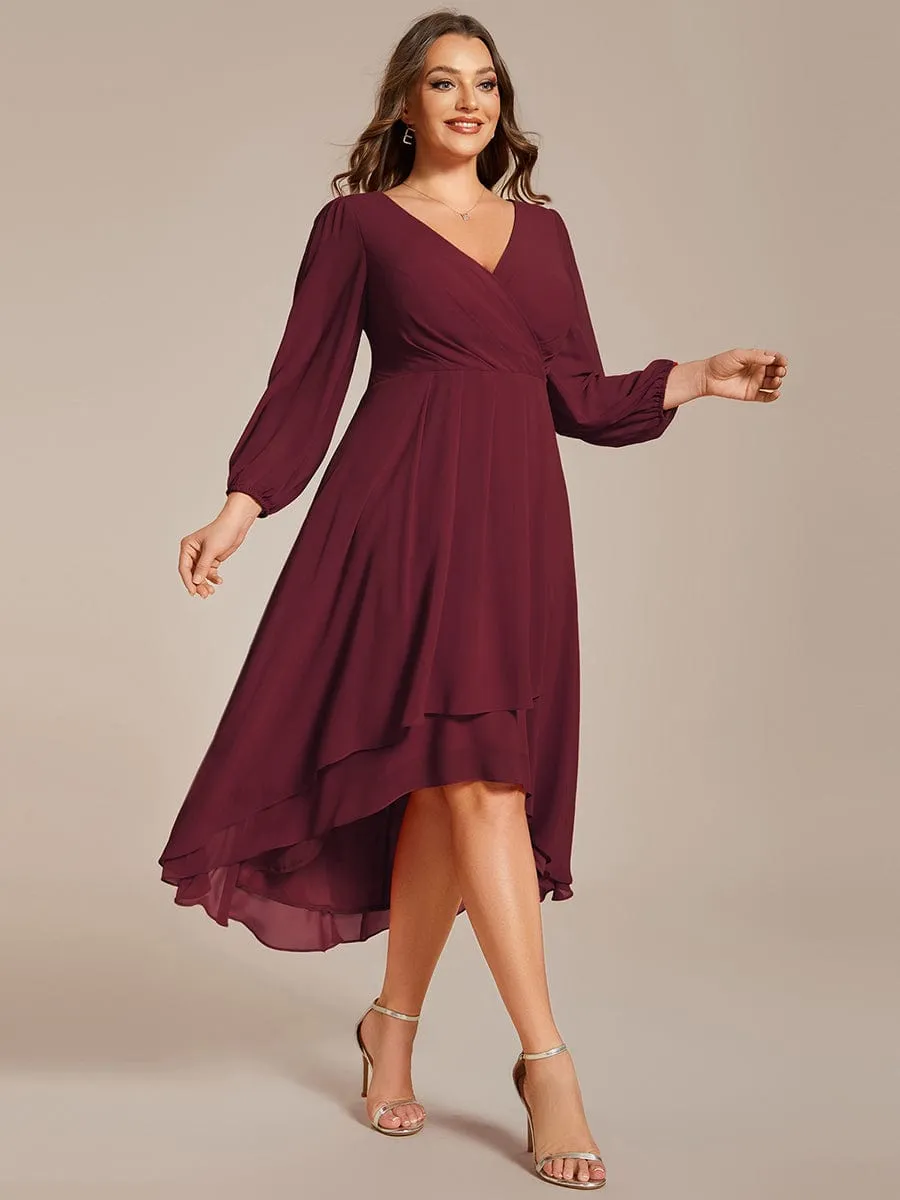 Plus Size Chiffon A-Line Long Sleeves Asymmetrical Hem Wedding Guest Dress