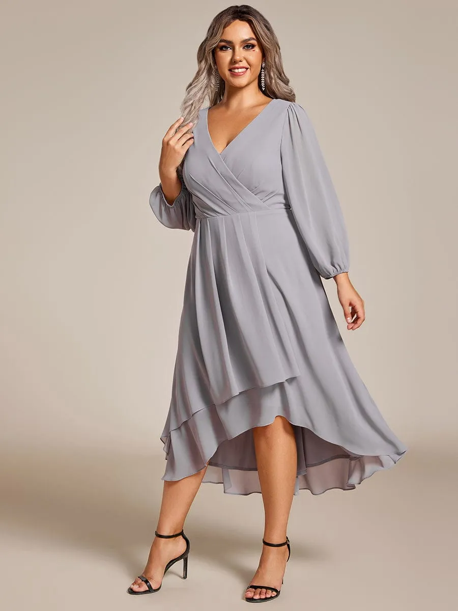 Plus Size Chiffon A-Line Long Sleeves Asymmetrical Hem Wedding Guest Dress