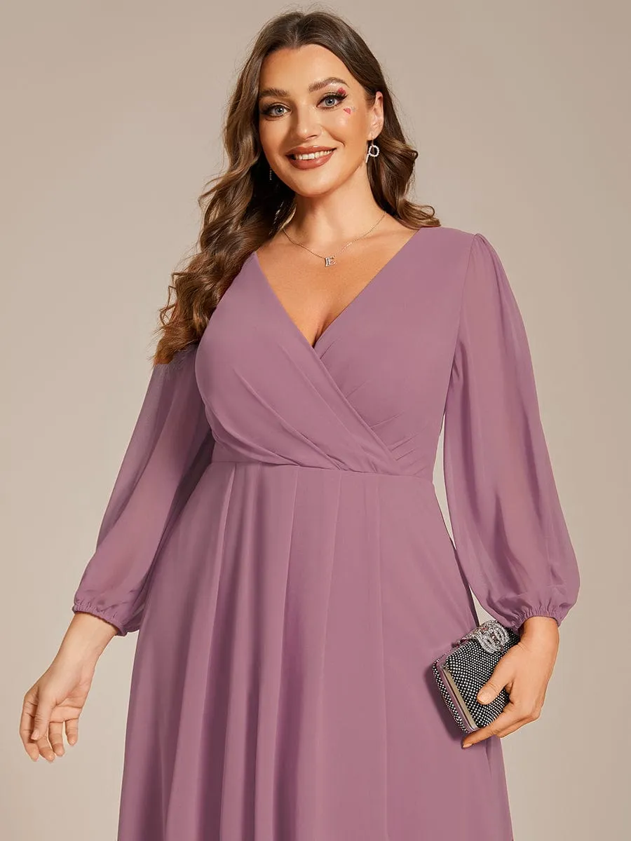 Plus Size Chiffon A-Line Long Sleeves Asymmetrical Hem Wedding Guest Dress