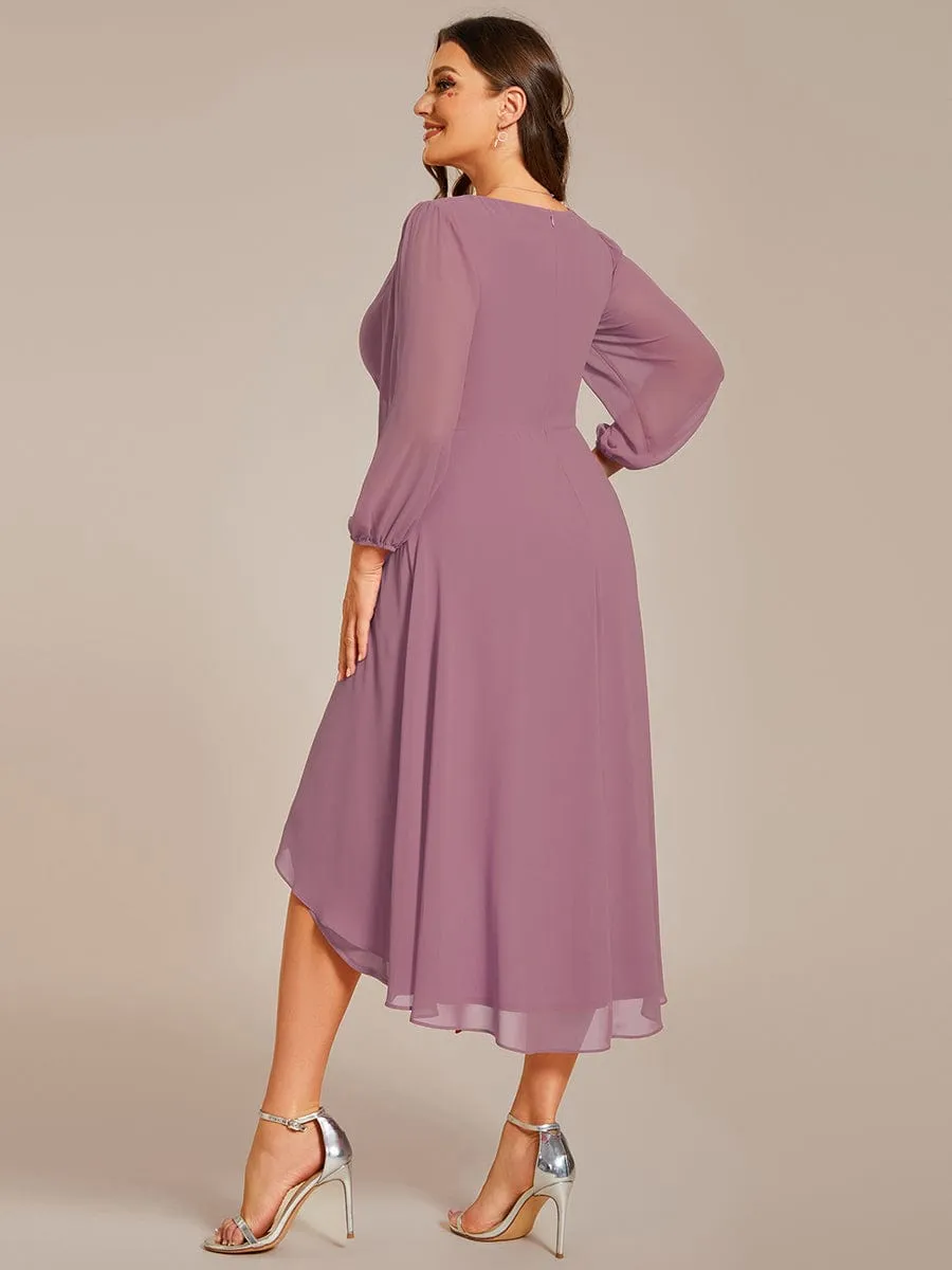 Plus Size Chiffon A-Line Long Sleeves Asymmetrical Hem Wedding Guest Dress