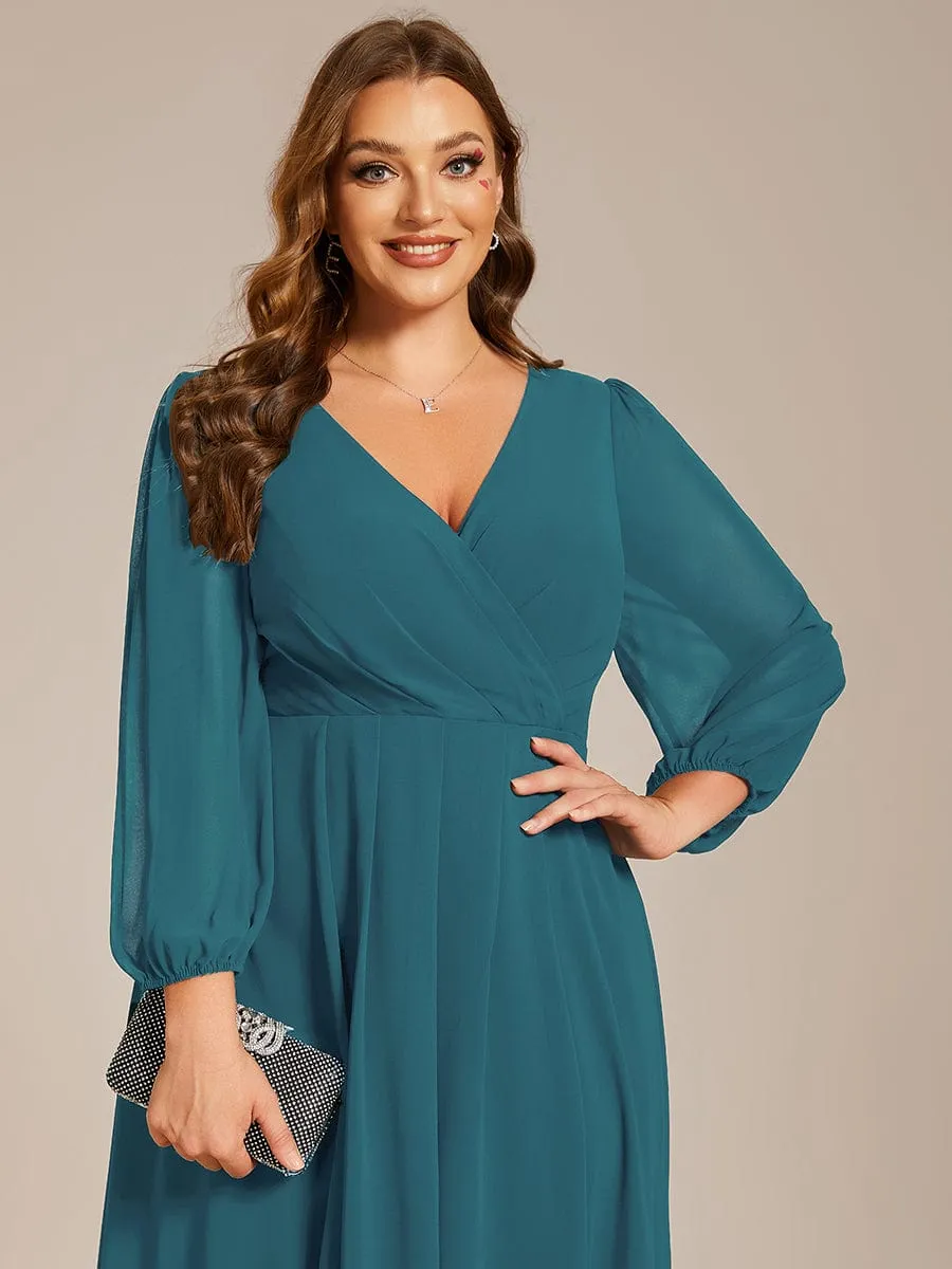 Plus Size Chiffon A-Line Long Sleeves Asymmetrical Hem Wedding Guest Dress