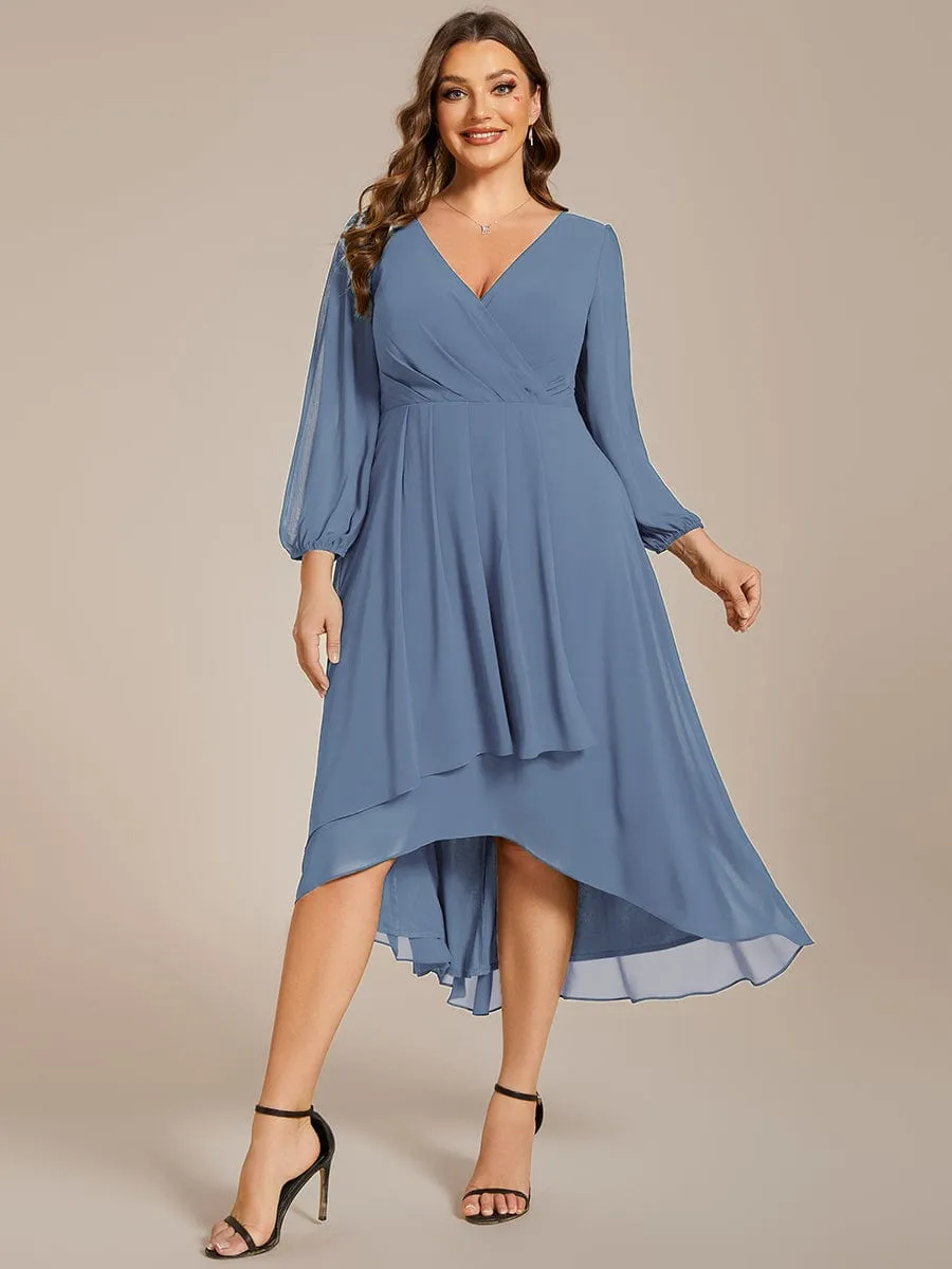 Plus Size Chiffon A-Line Long Sleeves Asymmetrical Hem Wedding Guest Dress