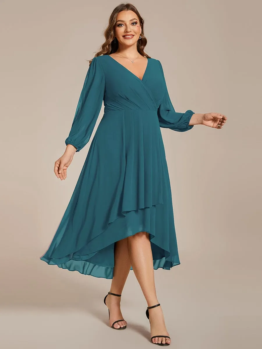 Plus Size Chiffon A-Line Long Sleeves Asymmetrical Hem Wedding Guest Dress