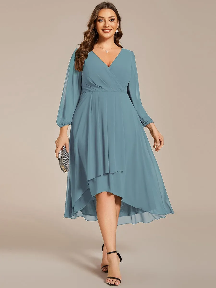 Plus Size Chiffon A-Line Long Sleeves Asymmetrical Hem Wedding Guest Dress