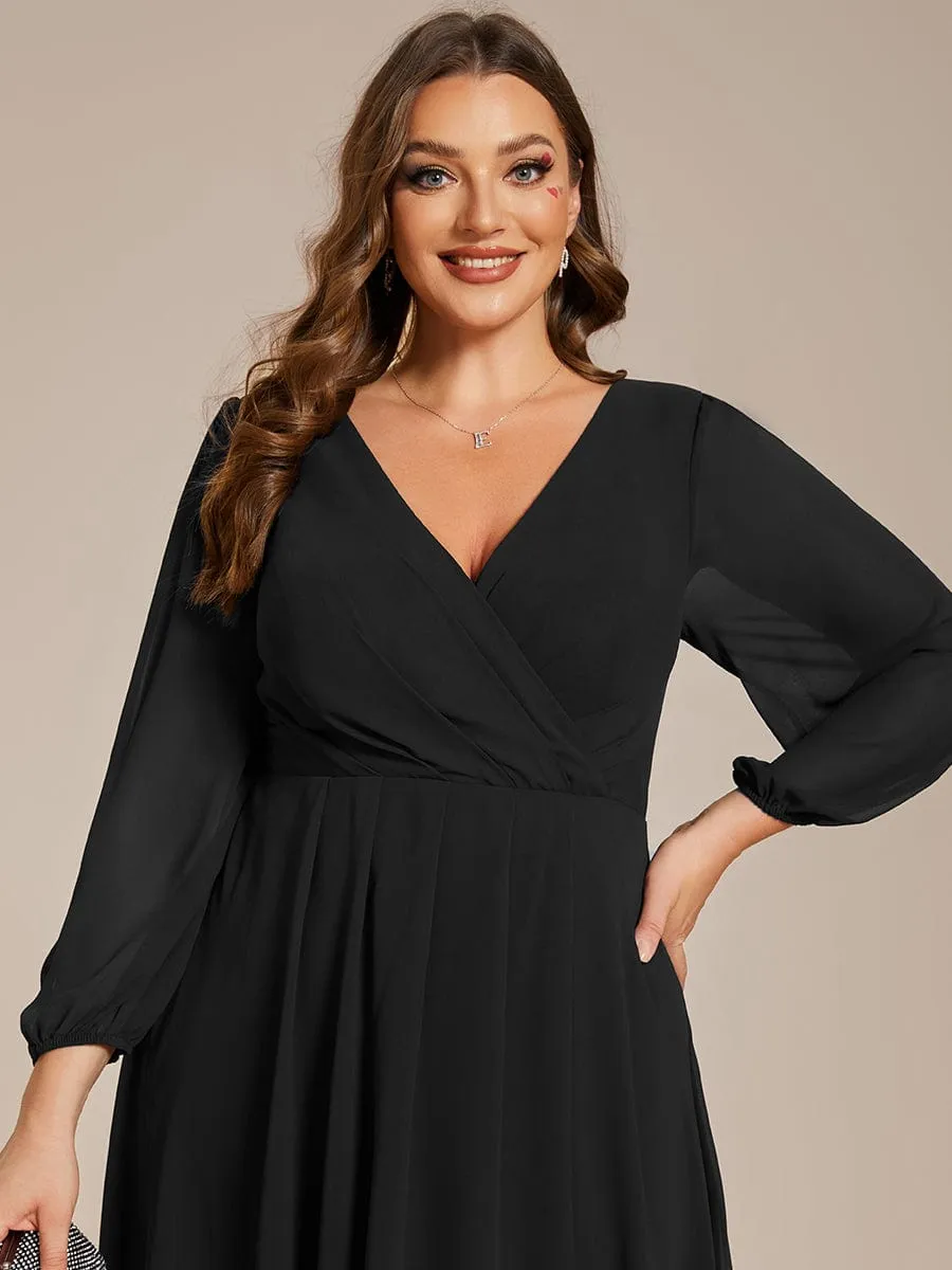 Plus Size Chiffon A-Line Long Sleeves Asymmetrical Hem Wedding Guest Dress