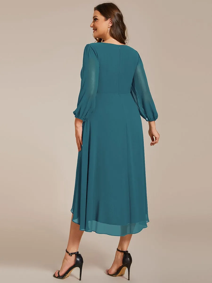 Plus Size Chiffon A-Line Long Sleeves Asymmetrical Hem Wedding Guest Dress