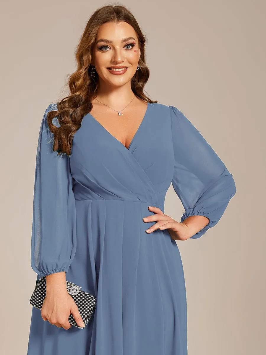 Plus Size Chiffon A-Line Long Sleeves Asymmetrical Hem Wedding Guest Dress