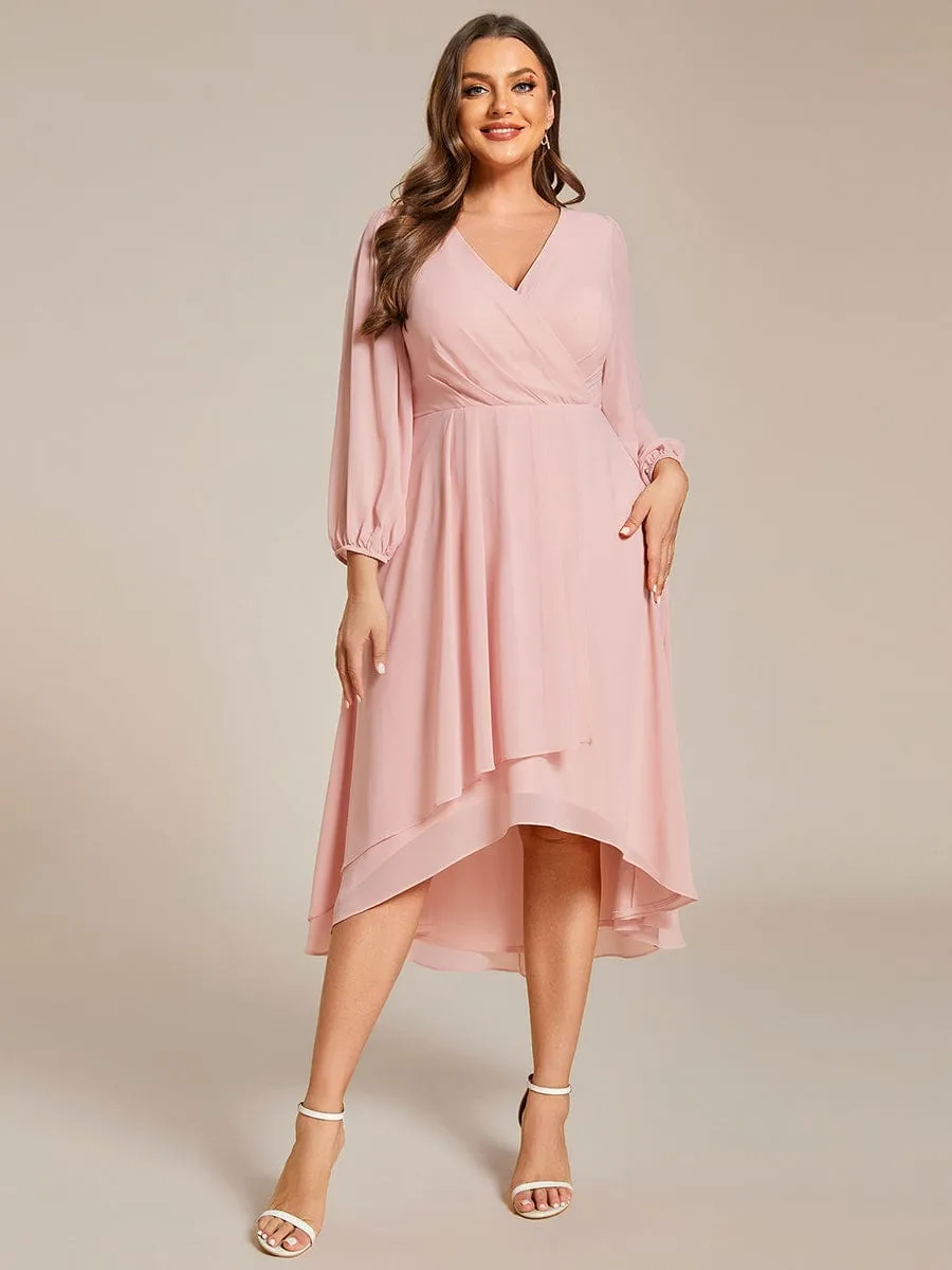 Plus Size Chiffon A-Line Long Sleeves Asymmetrical Hem Wedding Guest Dress