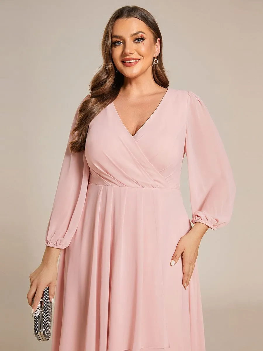 Plus Size Chiffon A-Line Long Sleeves Asymmetrical Hem Wedding Guest Dress