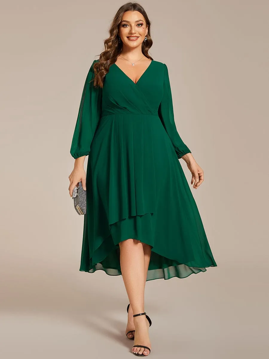 Plus Size Chiffon A-Line Long Sleeves Asymmetrical Hem Wedding Guest Dress