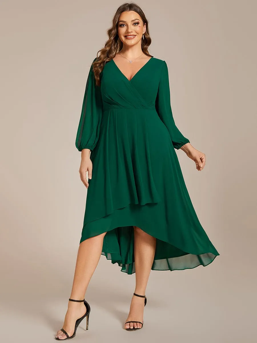 Plus Size Chiffon A-Line Long Sleeves Asymmetrical Hem Wedding Guest Dress