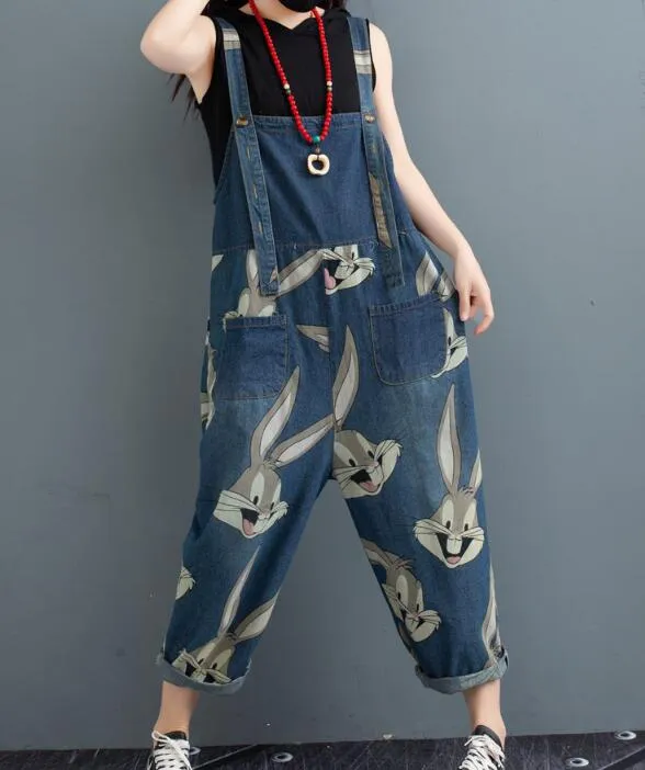 Print Bunny Casual Spring Denim Overall Women Jumpsuits