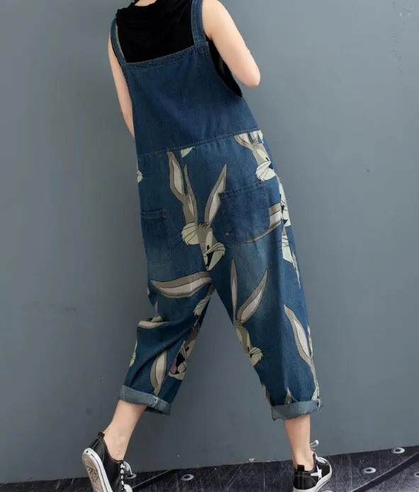 Print Bunny Casual Spring Denim Overall Women Jumpsuits