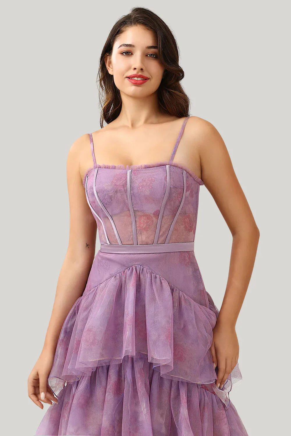 Purple Tulle Spaghetti Straps Corset Maxi Dress