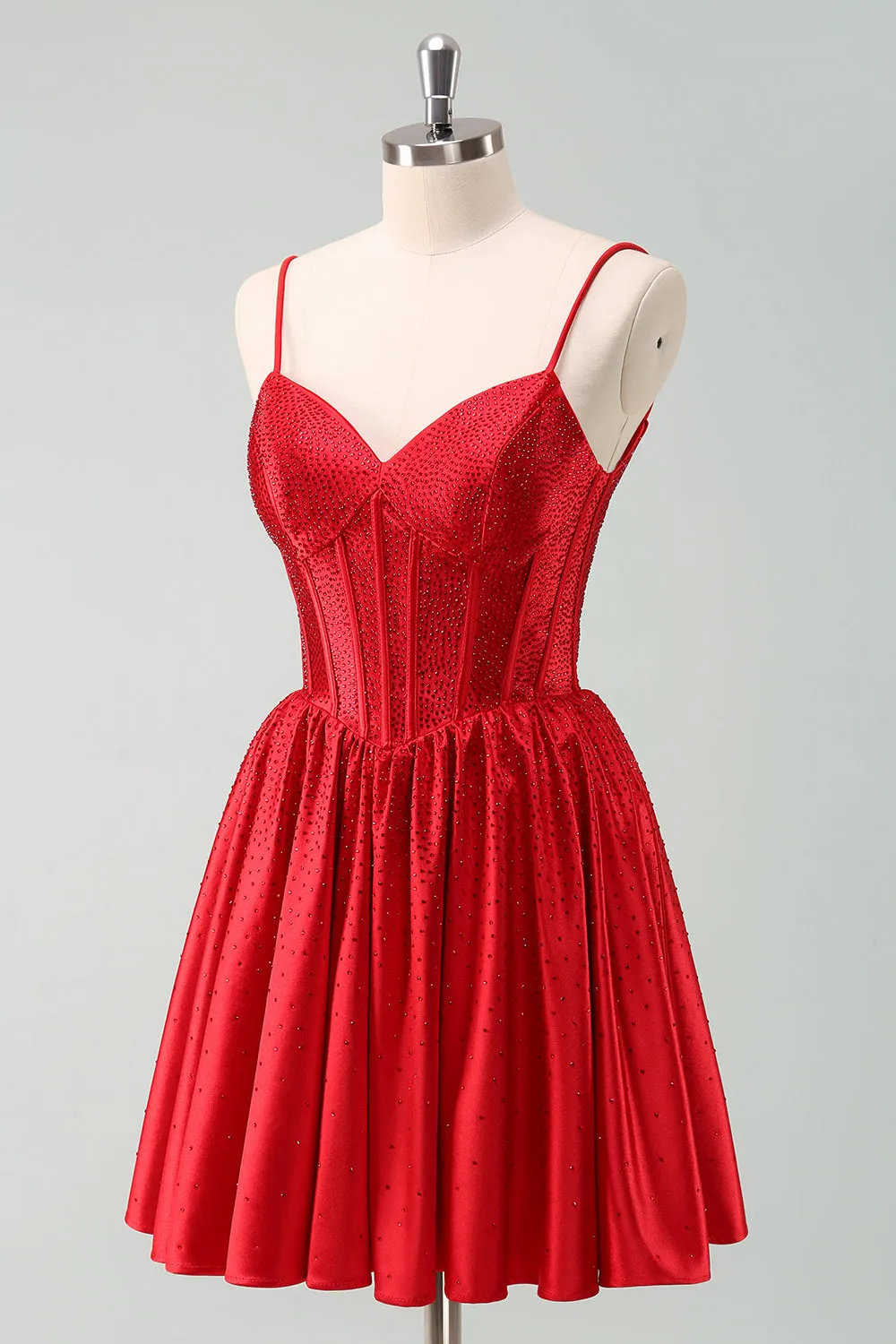 Red A Line Spaghetti Straps Corset Pleated Mini Dress