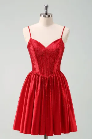 Red A Line Spaghetti Straps Corset Pleated Mini Dress