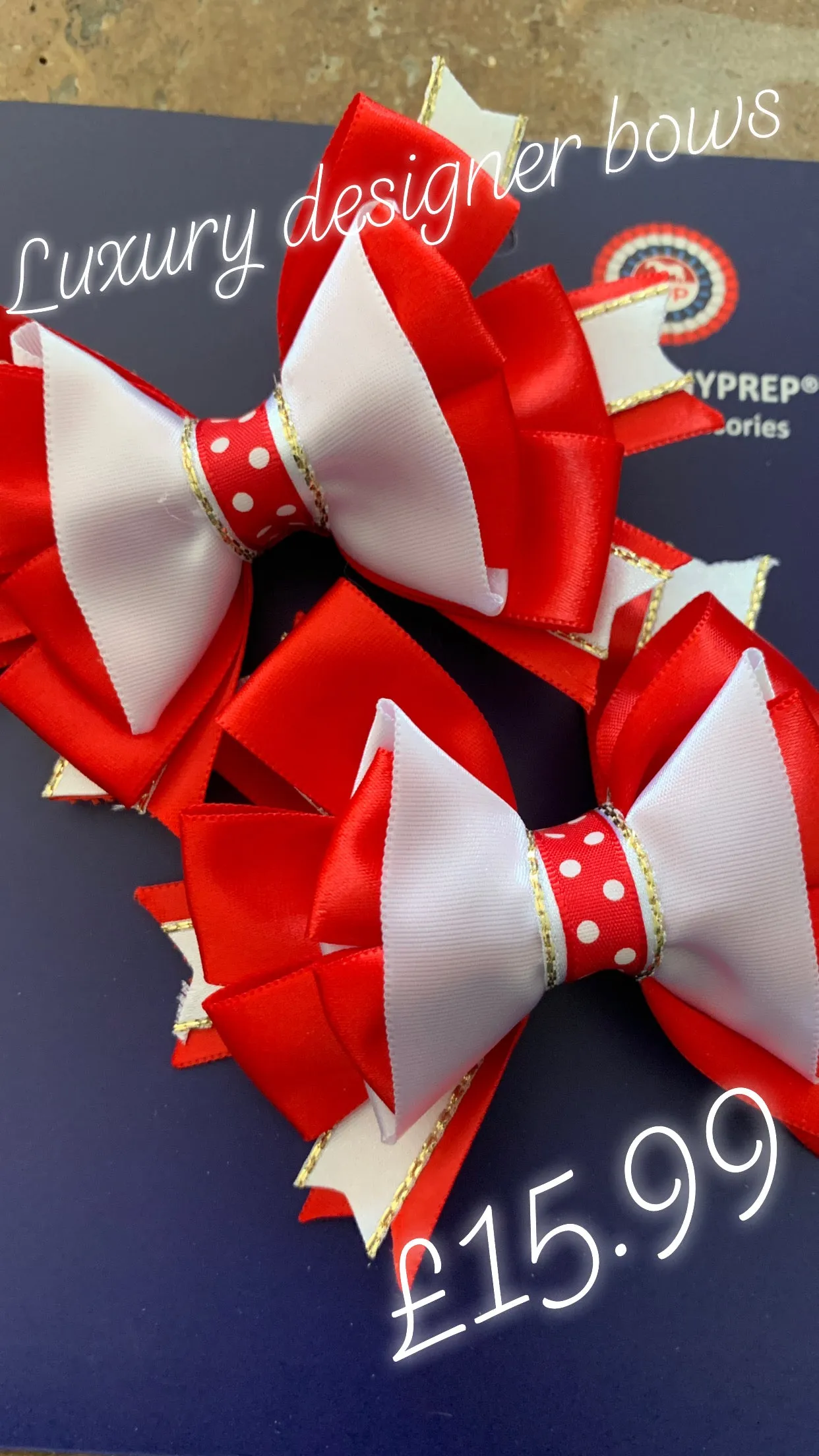 Red & white multi layer with polka dots 4”bows (no tails)