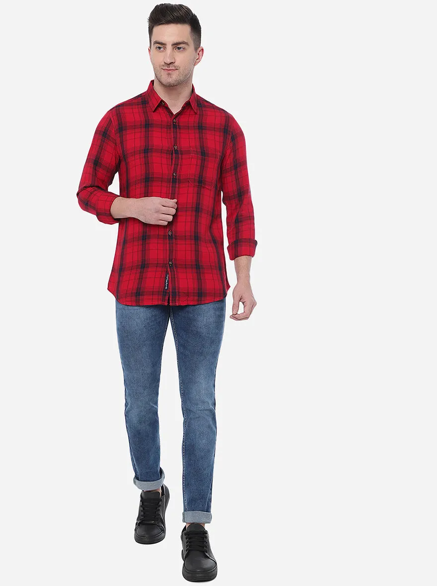 Red Checked Slim Fit Semi Casual Shirt | JadeBlue