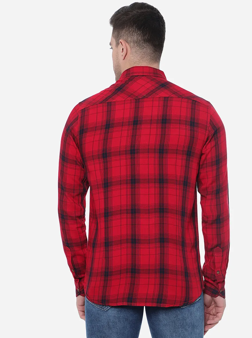 Red Checked Slim Fit Semi Casual Shirt | JadeBlue