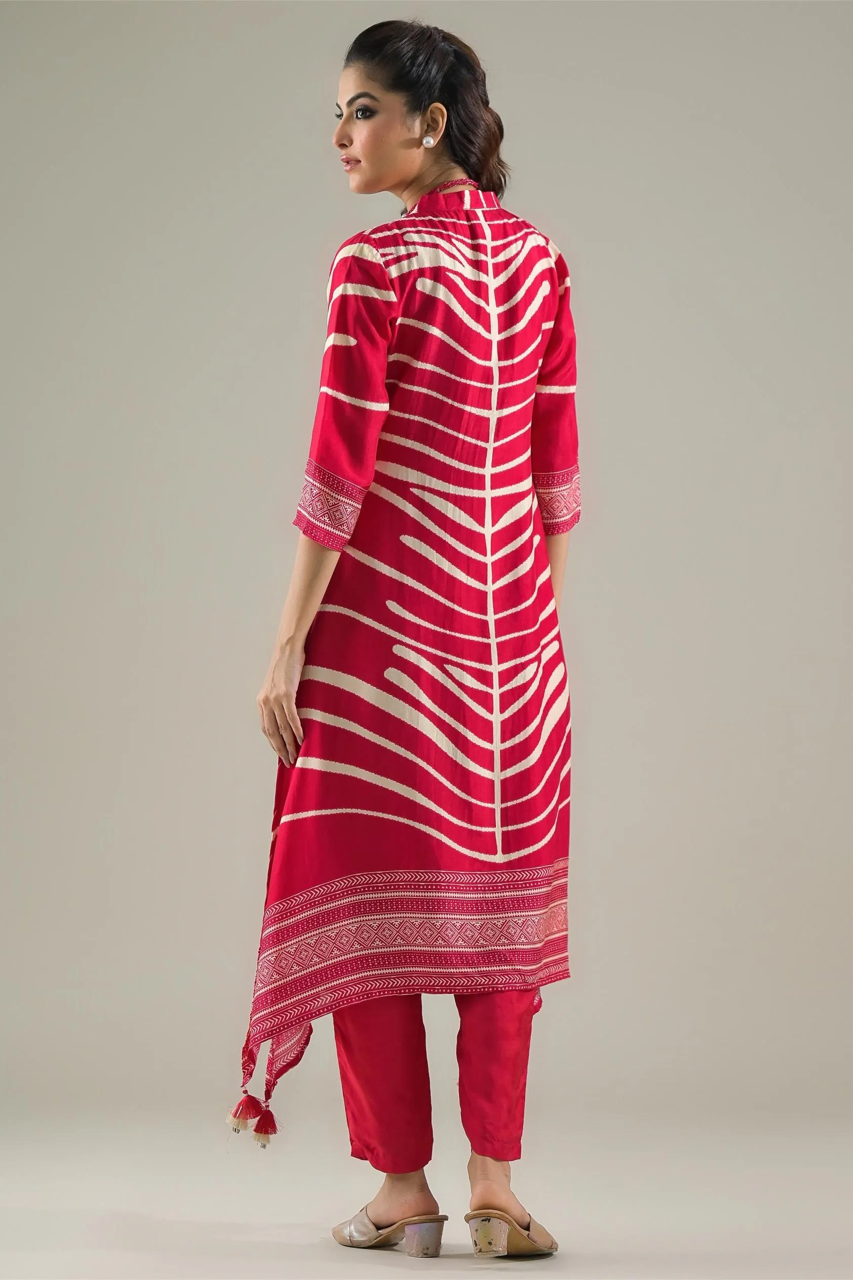 Red Stripe Printed Muslin Silk Kurta Pant Set