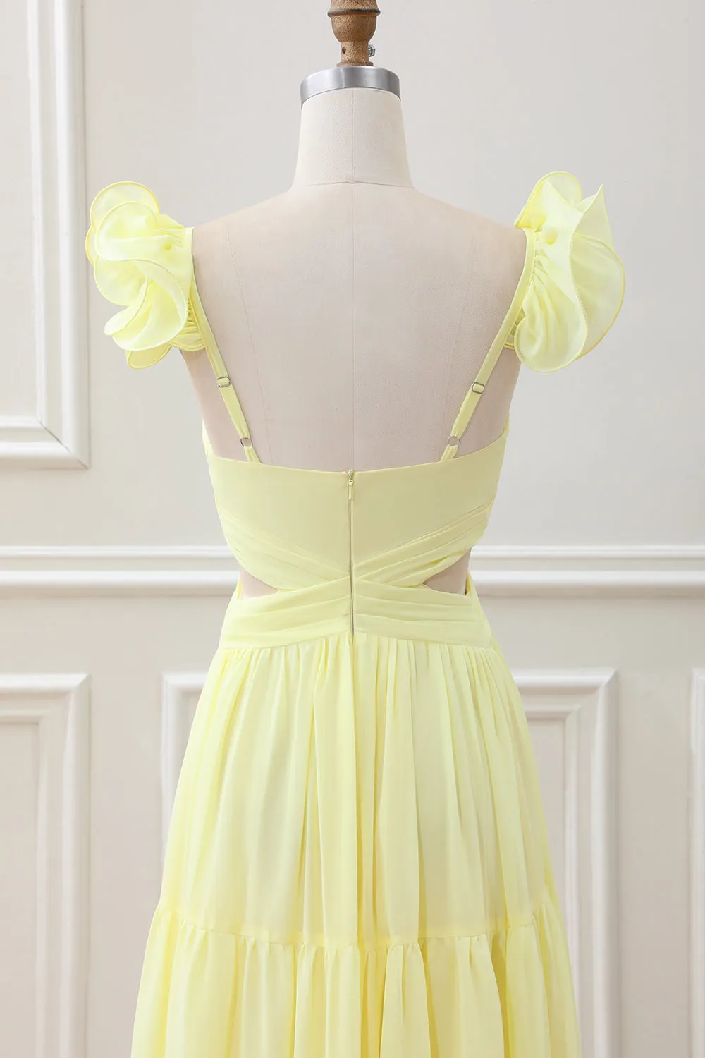 Simple Lemon Yellow A Line Pleated Ruffled Wedding Guest Dress