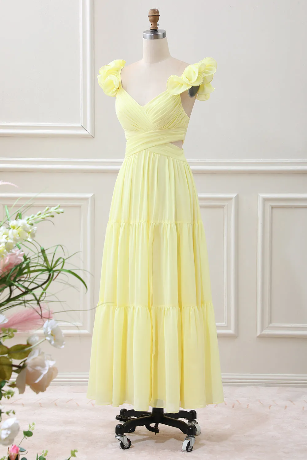 Simple Lemon Yellow A Line Pleated Ruffled Wedding Guest Dress