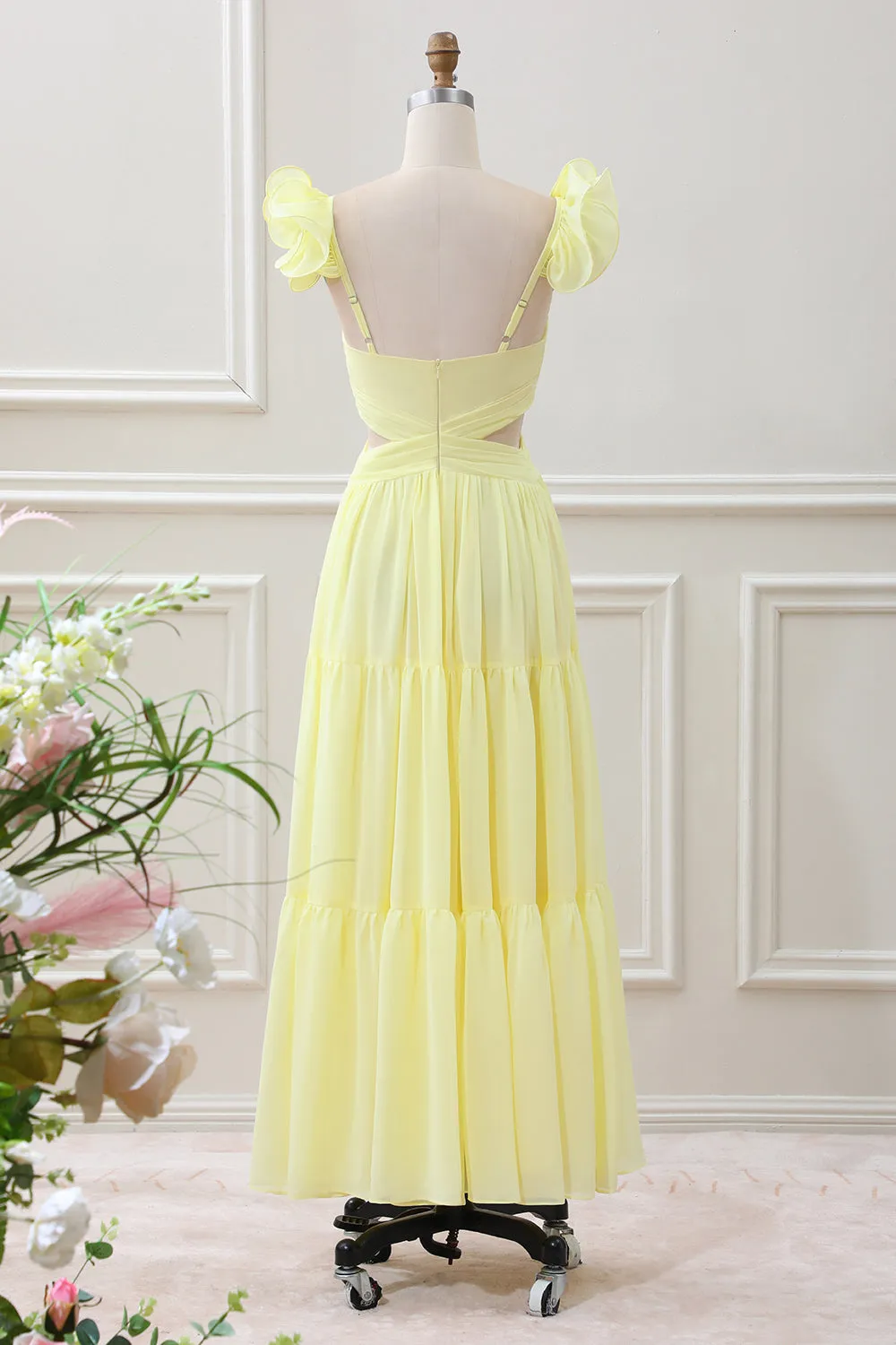 Simple Lemon Yellow A Line Pleated Ruffled Wedding Guest Dress