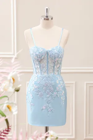 Sparkly Blue Embroidered Sequins Halter Corset Satin Tight Mini Dress