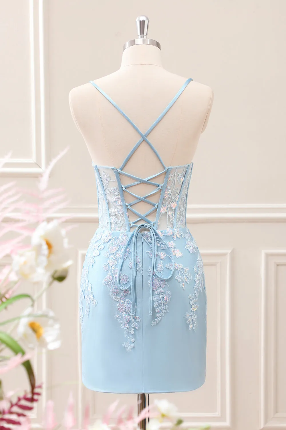 Sparkly Blue Embroidered Sequins Halter Corset Satin Tight Mini Dress