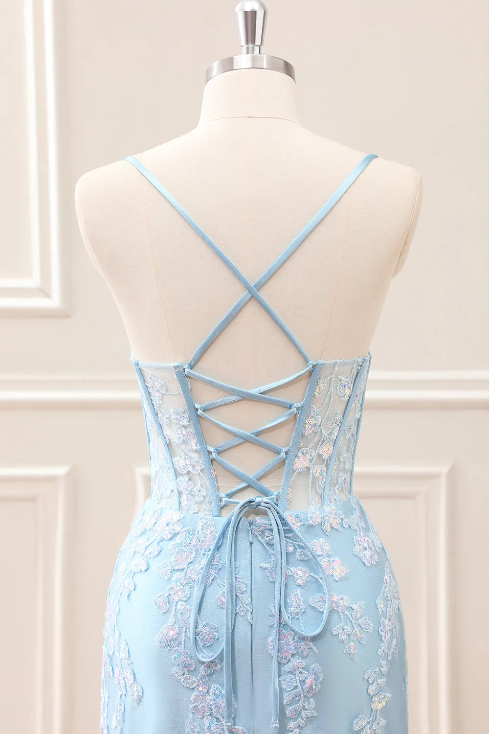 Sparkly Blue Embroidered Sequins Halter Corset Satin Tight Mini Dress